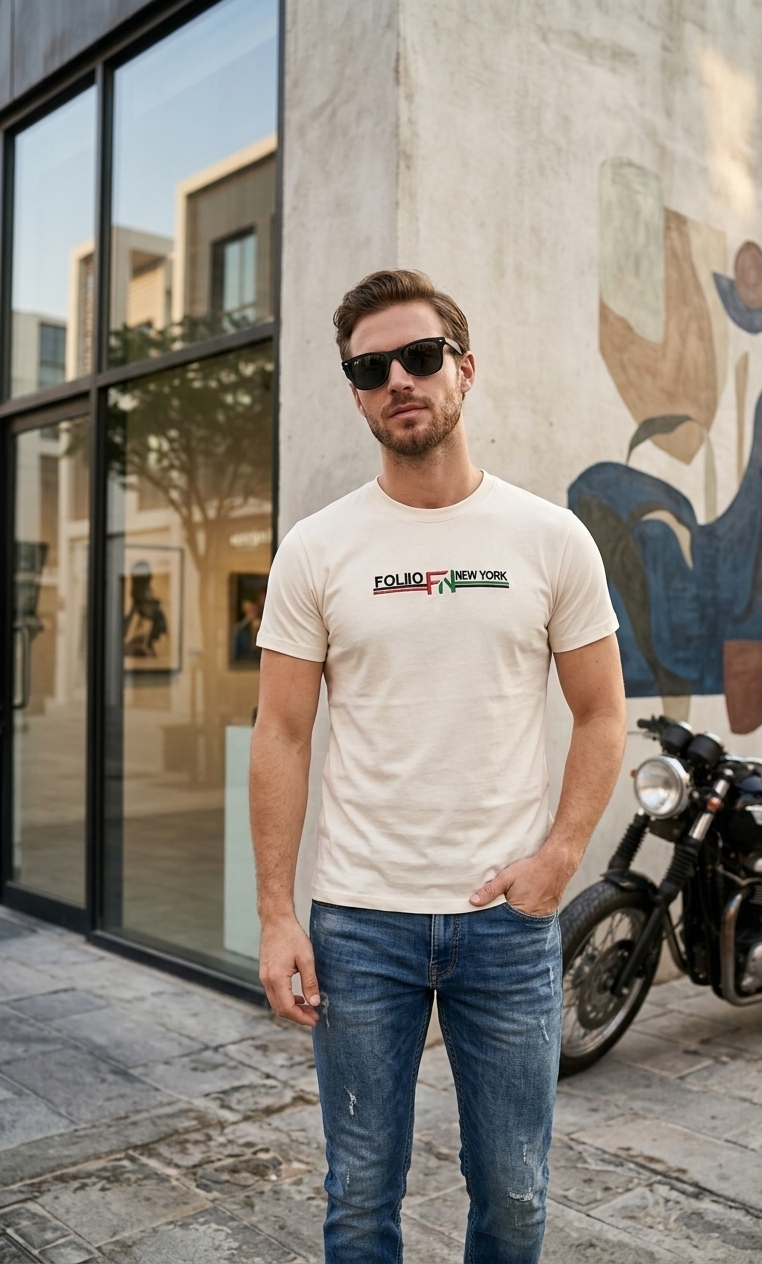 Folio Fashion Premium  off white T-Shirt – 195 GSM Cotton embroidery