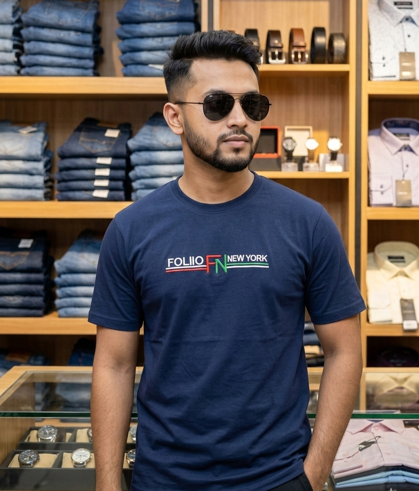 Folio Fashion Premium  navy blue T-Shirt – 190 GSM Cotton embroidery